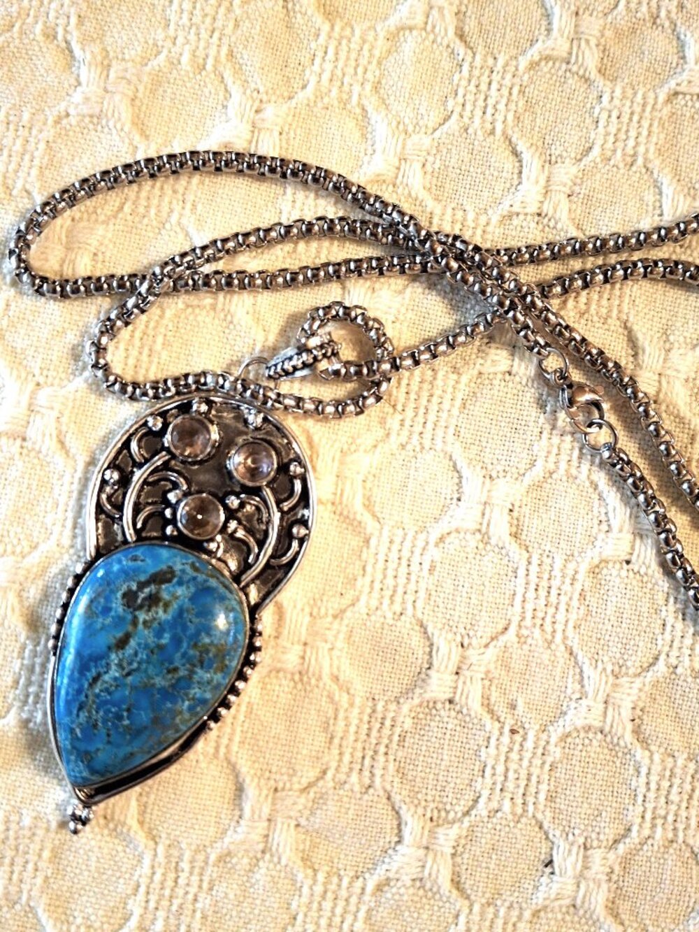 Turquoise and Pink Topaz GemStone HandMade Pendant with Chain NWOT 452